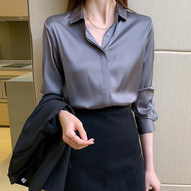 Gray Blue Satin Shirt for Women 2025 Long Sleeve Spring Versatile Hidden Placket Hong Kong Style Draping Commuter Chic Mature Blouse Top