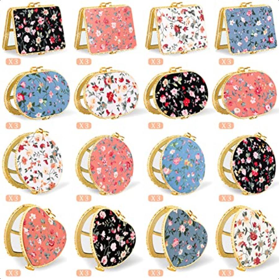 48 Pieces Compact Mirror for Purse Small Flower Pocket Mirror Portable Floral Retro Folding Tea Party Favors Makeup Travel for