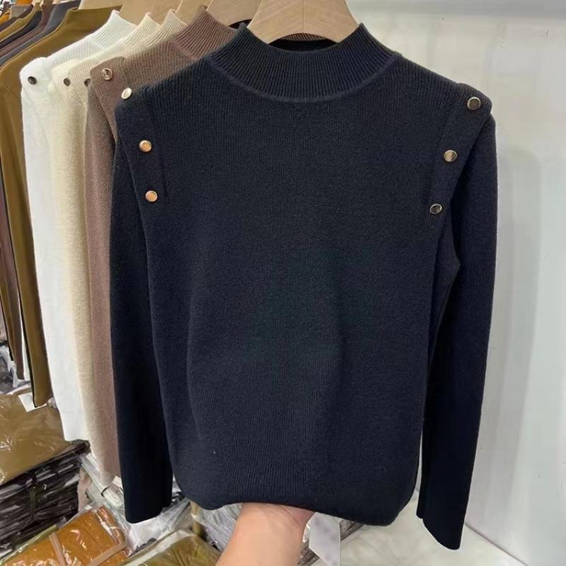 Pull Tricoté Élégant Mode Col Mi-Haut Uni Femmes Automne Décontracté Coupe Slim Manches Longues Pulls Femmes Tops Hiver Chaud Maille de Base 24880