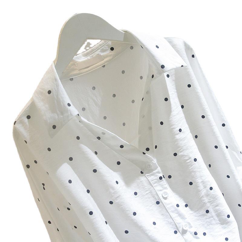 Polka Dot Long Sleeve White Blouse - Women's Korean Style Loose Fit, Slimming Top for Spring & Autumn 2025