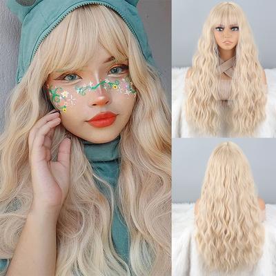 Lange blonde Damen-Perücke, gewellt, mit Pony, für Damen, Kunstfaser, hellblond, lange Perücke, für den täglichen Gebrauch und für Partys