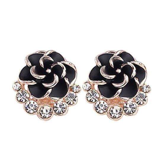 Women Peony Camellia Flower Rhinestones Alloy Ear Stud Earrings Party Jewelry