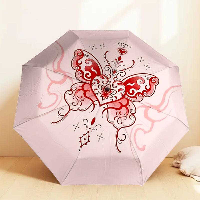 1pc Butterfly Heart Automatic Folding Umbrella 8 Rib Iron Frame,  Suitable for Travel, Daily Use, Birthday, Women & Men Gift c1231067