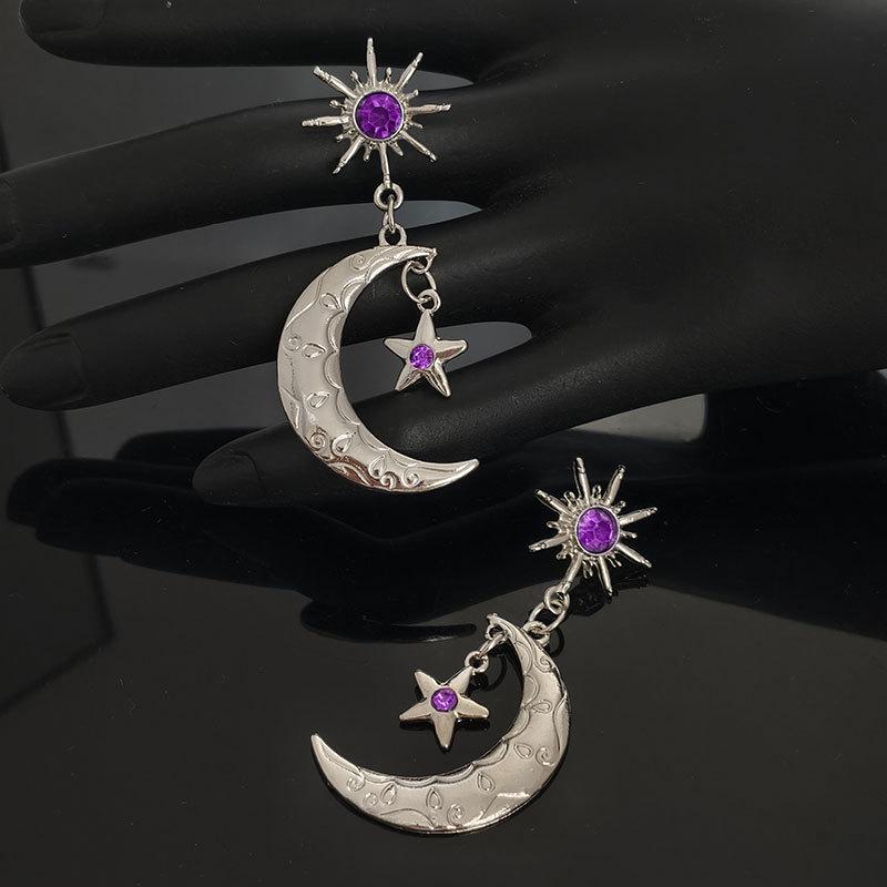Star and Moon Rhinestone-Inlaid Earrings with Purple Gemstones