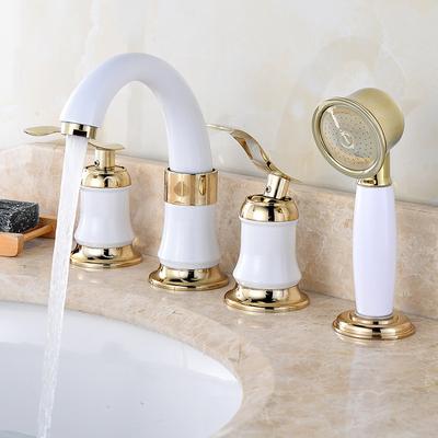 Double Handles Black Golden-Plated 4 Bathroom Wash Basin Faucet Sink Brass Vessel Bathtub Torneira Tap Mixer Faucet White