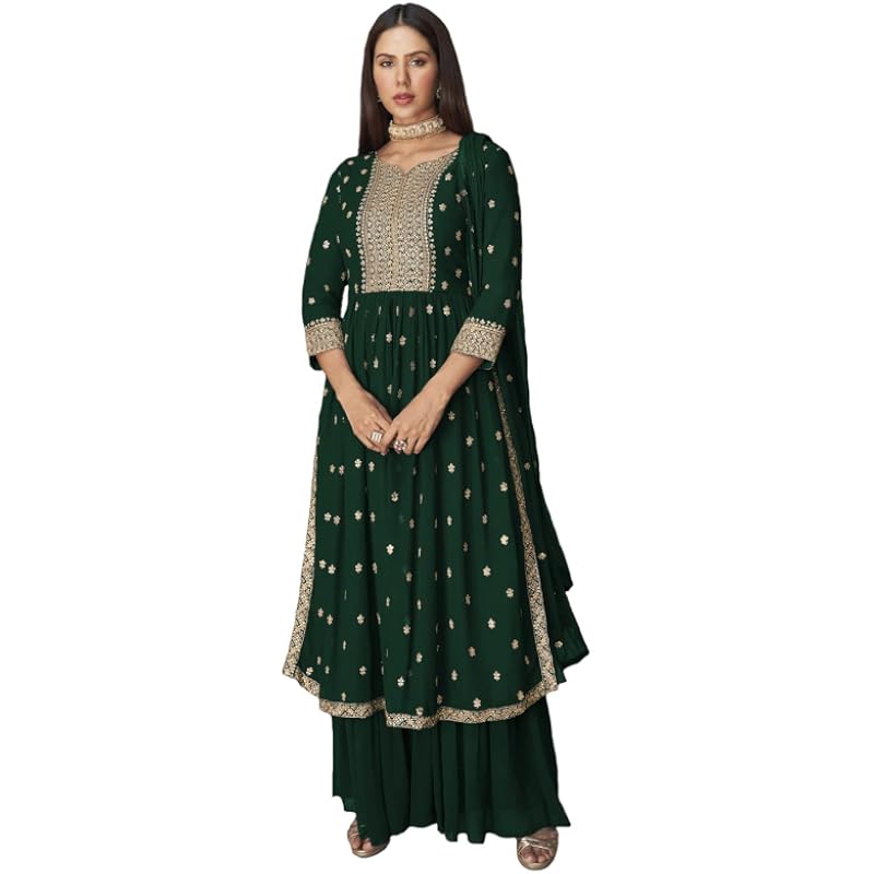 Xomantic Fashion Women's Ethnic Wear Nyra Cut Embroidery Kurti Plazzo and Dupatta (Large, Green)