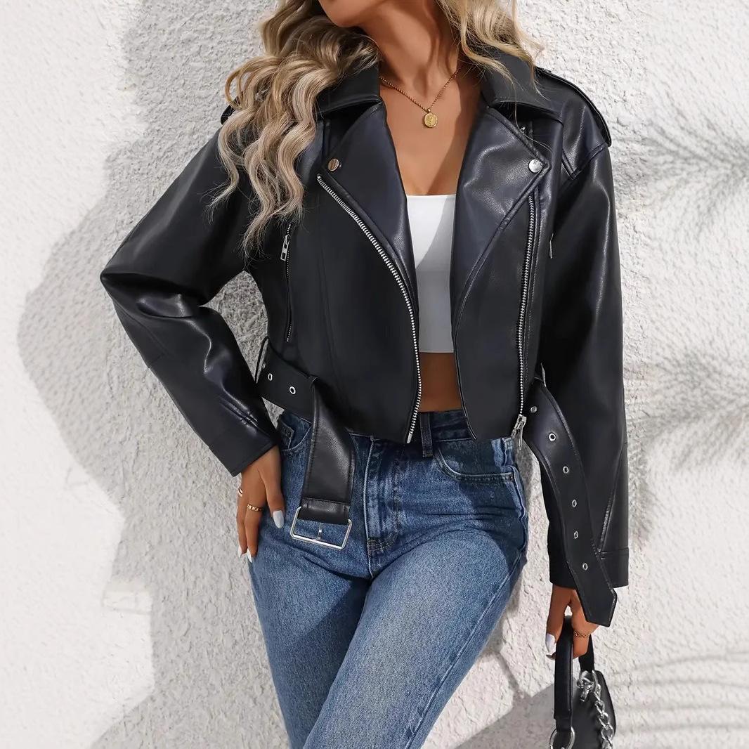 

2025 Retro PU Leather Motorcycle Jacket: Short, Stylish Lapel Design for Women XL