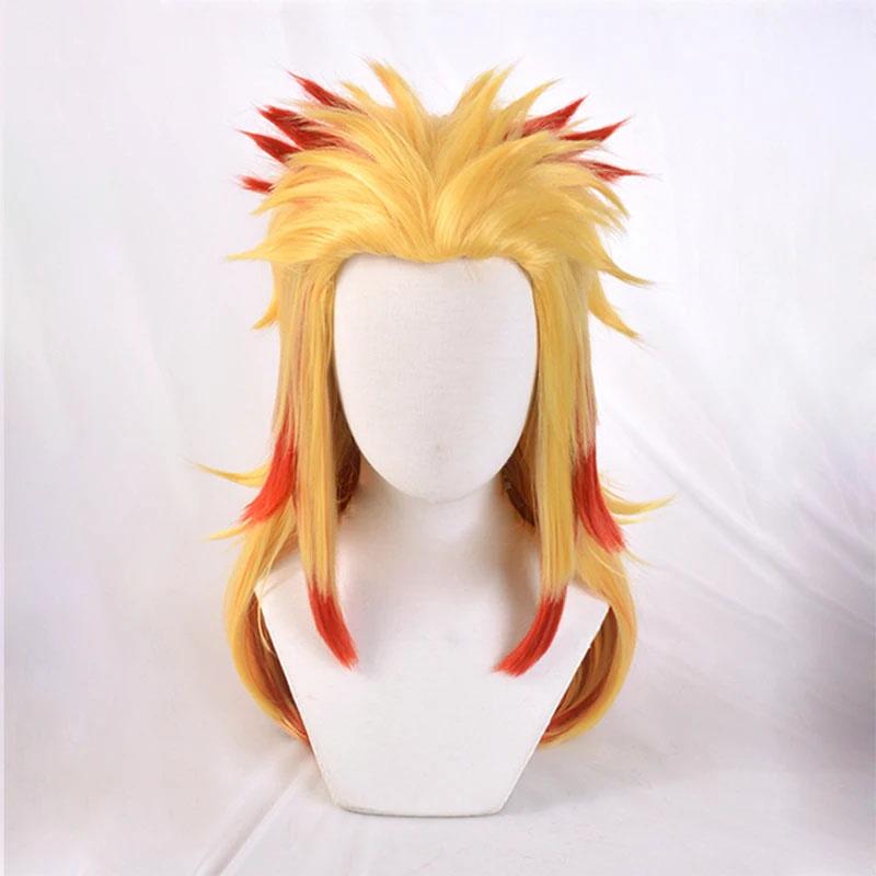 High Quality Anime Cosplay Rengoku Kyoujurou Cosplay Wig Blonde Red Ombre Heat Resistant Hair Pigtail Wigs + WigCap