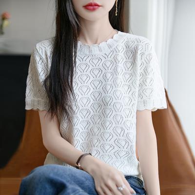 Sommer Reine Baumwolle Mode Hohl Dünnes Kurzarm T-Shirt für Damen Rundhals Locker Baumwollweste Stricktop