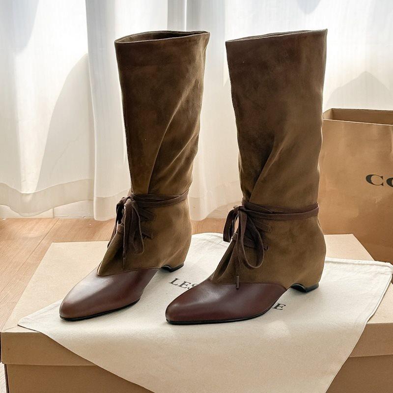 Pile thick heel autumn and winter knight boots pointed new thin but pleated boots knee retro boots women