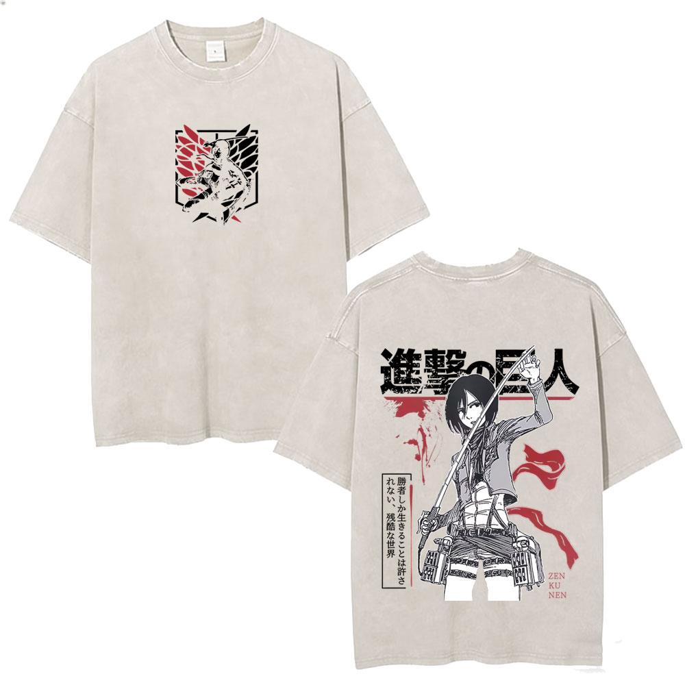 Washed Vintage Anime Attack On Titan Eren Jaeger Skeleton Graphic T Shirt Men Women Cartoon Manga Oversized Tshirts Streetwear