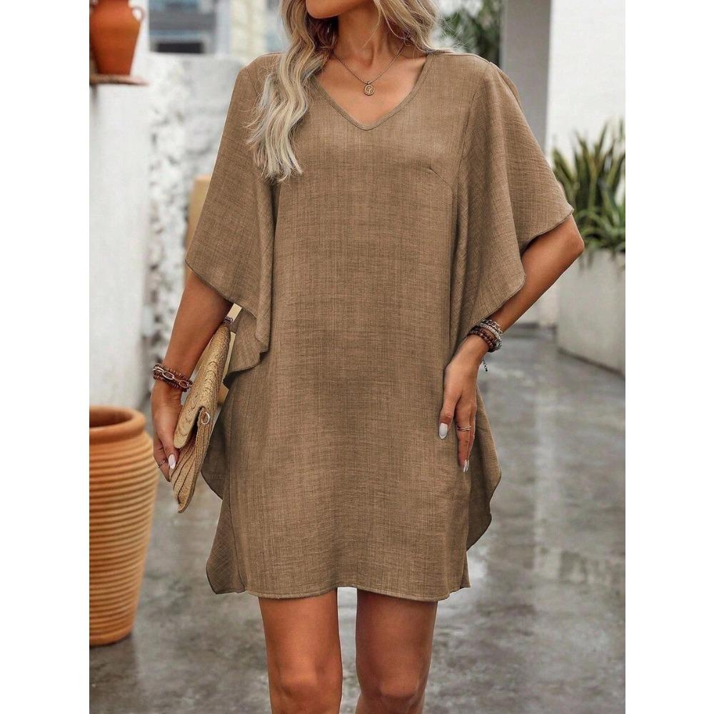 Letní dámské jednobarevné volné volánkové šaty s výstřihem do V a módním límcem