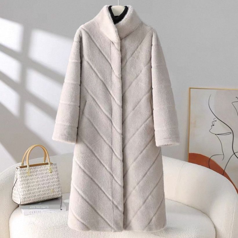 Women's Stand Collar Fur Coat Solid Color Thickened Fur Overcoat Long Fur Coat