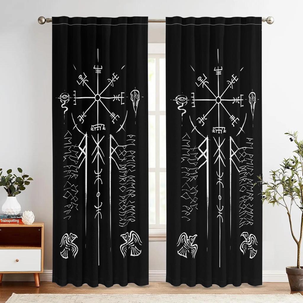 2PCS Vegvisir Symbol Print Polyester Curtains Rod Pocket Top for Living Room Home Decor