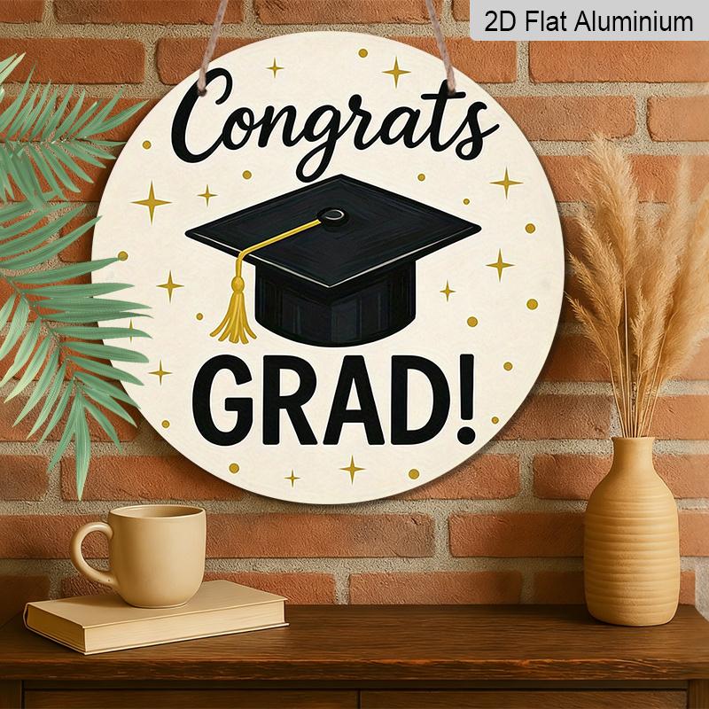 2D Flat, 1pc Round Aluminum Sign, "Congrats Grad!" Graduation Design, Simple Mortarboard & Gold Star Metal Wall Art, Minimalist Decor for Grad Party