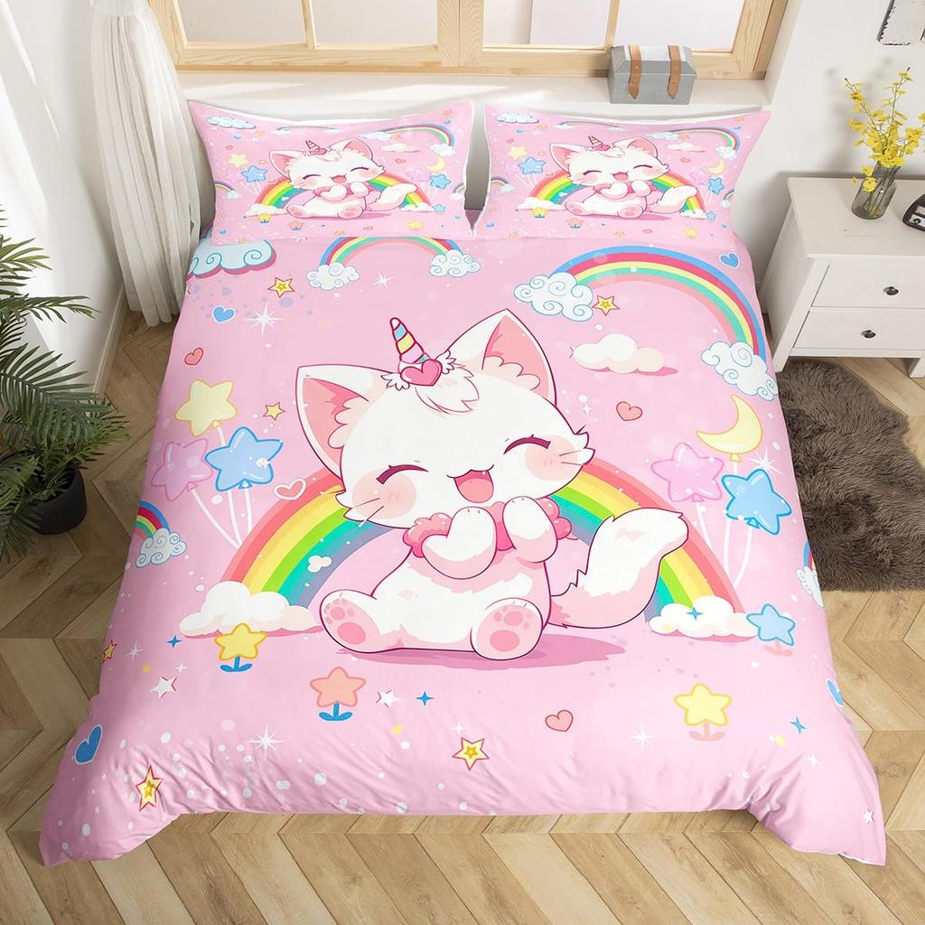 Cartoon Cat Pattern Duvet Cover Queen King Size Soft Bedding Set For Girls Toddlers Teens 3 Piece Set With 2 Pillowcases