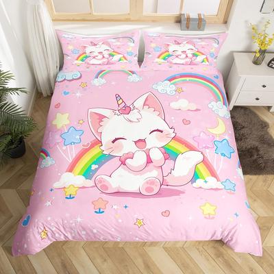 Cartoon-Katzenmuster Bettbezug Queen King Size Weiches Bettwäsche-Set Für Mädchen Kleinkinder Teenager 3-teiliges Set Mit 2 Kissenbezügen