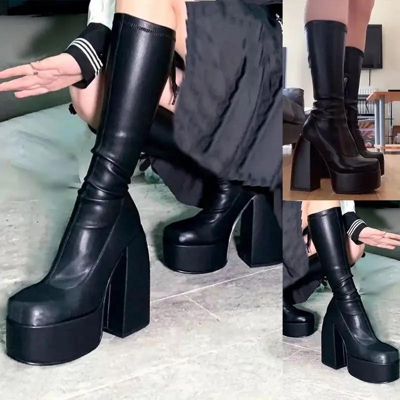 Scarpe con tacco a piattaforma da donna, elasticizzate, alla caviglia, di design, alte fino al ginocchio, da donna, alla coscia, nere, gotiche, 88 stivali da cowboy, scarpe