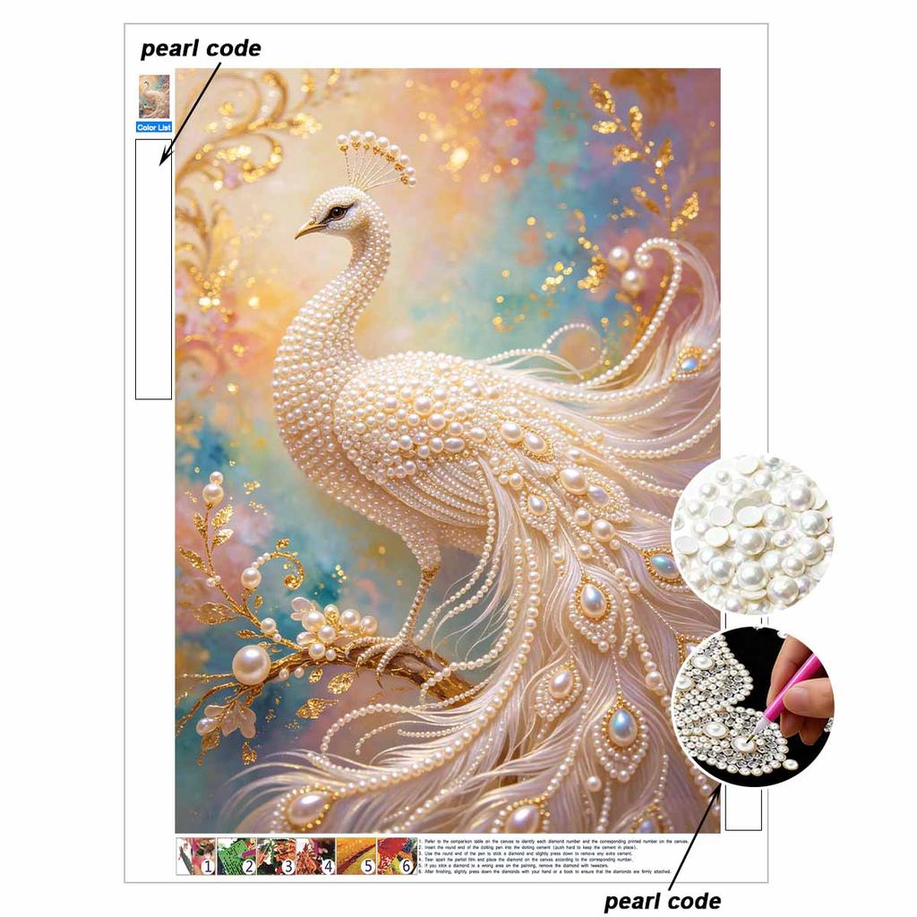 Elegant White Pearl Peacock 5D DIY Pearl Gemstone Art Diamond Painting Kit for Adults/Beginners Gift Ideas Home Decor Wall Art Craft