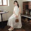 Design sense retro texture sense flower embroidery sleeveless neck temperament long dress vacation style dress