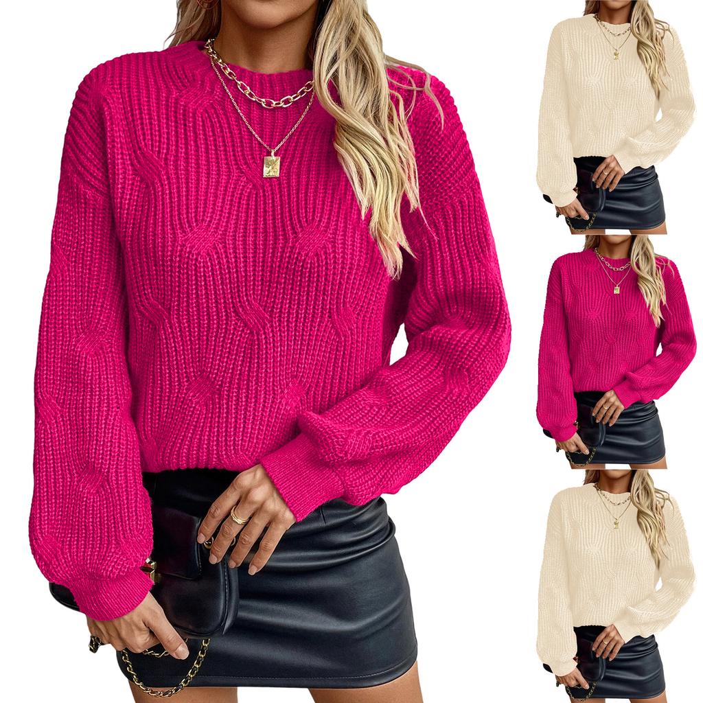 Women's Fashion Casual Round Neck Ribbed Knit Sweater Solid Color Pullover Long Sleeve Loose Sweater