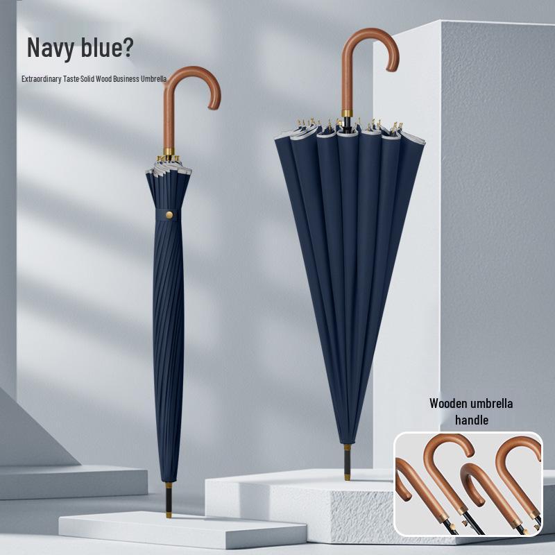 Men's Extra Large 24-Rib Solid Color Business Umbrella with Wooden Handle and Logo Print