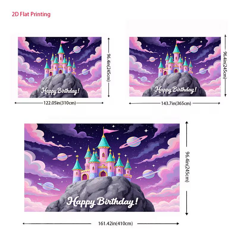 2D Magical Castle Backdrop, Princess Castle with Planets, Stars and "Happy Birthday" Text Background Cloth