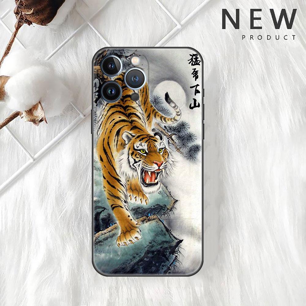 Funda Case For Apple iPhone 14 11 13 7 12 Pro 7 XR XS Max 8 Plus 6 14Pro 13Mini Black Soft Phone Coque Tiger Crane ART
