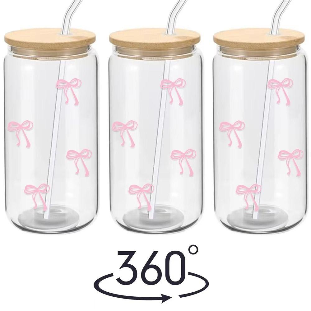 Cute 500ml Bow Glass Cups with Lids and Straw Drinkware Container Tumbler Cups Coffee Cups Kitchen Bar