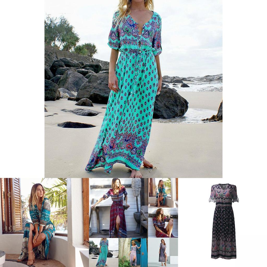 Elegant Women Boho V Neck Long Maxi Dress With 3/4 Sleeve For Party And Evening Events