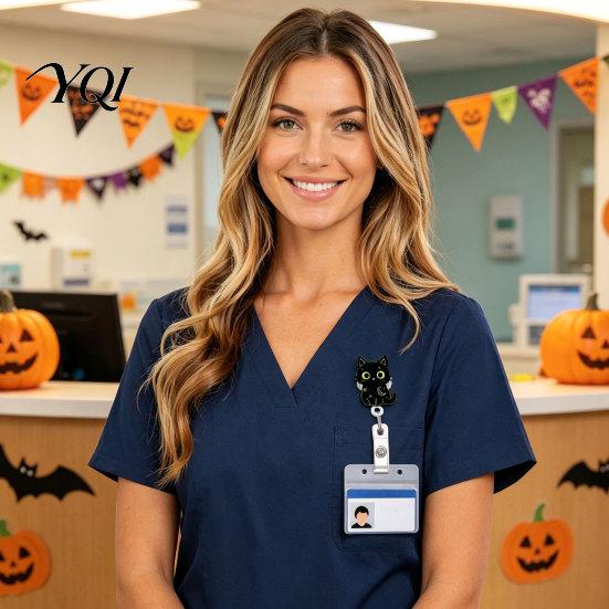 Badge Clip for Work Clothes Halloween Black Cat Pumpkin Reel, Retractable with 360 Degree Rotating Clip, Acrylic Decorative Reel ID Card Holder