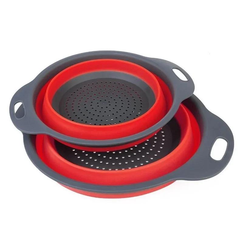 2Pcs Foldable Silicone Colander Fruit Vegetable Washing Basket Strainer Strainer Collapsible Drainer With Handle Kitchen Tools
