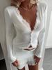 Herbst Winter V-Ausschnitt Spitze Patchwork Streifen Offen Vorne Strickjacke T-Shirt Langarm Damen Oberteil Mode Täglich Basis Lässig Slim Fit Damen Elegantes Oberteil