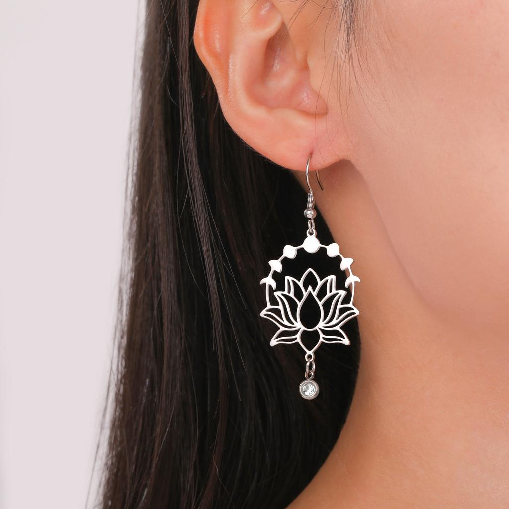 Sweet Double Hole Lotus Pendant Earrings with Tassel Drop Charms