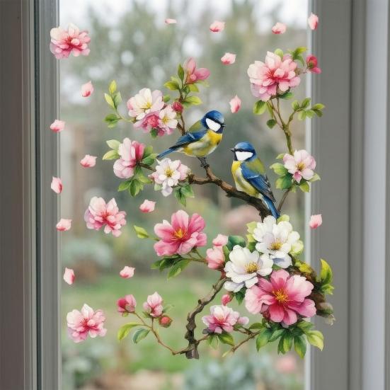 Vögel Blumen Ast Statische Fensteraufkleber, Aquarellvögel auf blühendem Ast Ast Fensteraufkleber, Wiederverwendbare Antikollisions-Doppelseitige Aufkleber für Glas