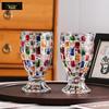 Colorful Striped Glass Goblet: High-Foot Milk Tea & Dessert Cup with Woven Texture, Perfect for Juice and Water.