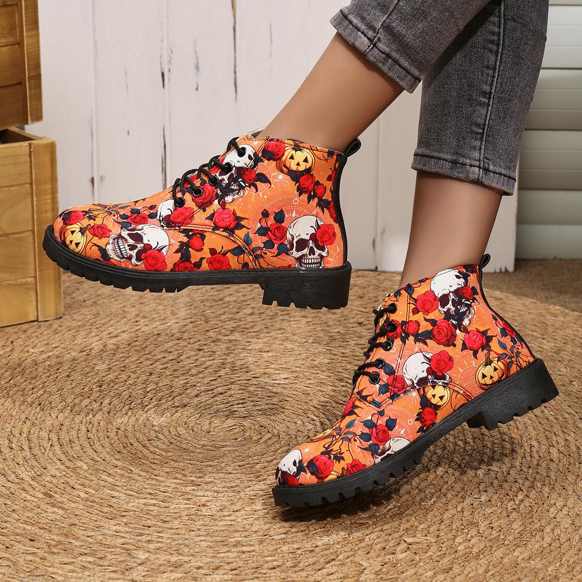 

Короткі чоботи з принтом голови черепа, жіночі 2024, осінь-зима, новий Хелловін, персоналізовані трендові робочі черевики з принтом, повсякденне взуття 36 червоний