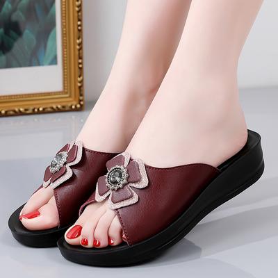 Women Red Slide Slippers Outdoor Wedge Chunky Flower Slippers Open Toe Casual Walking Black Sandals for Mother