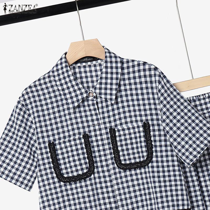 ZANZEA Women Short Sleeve Blouse and Long Skirts Plaid Print Two Piece Suit Sets