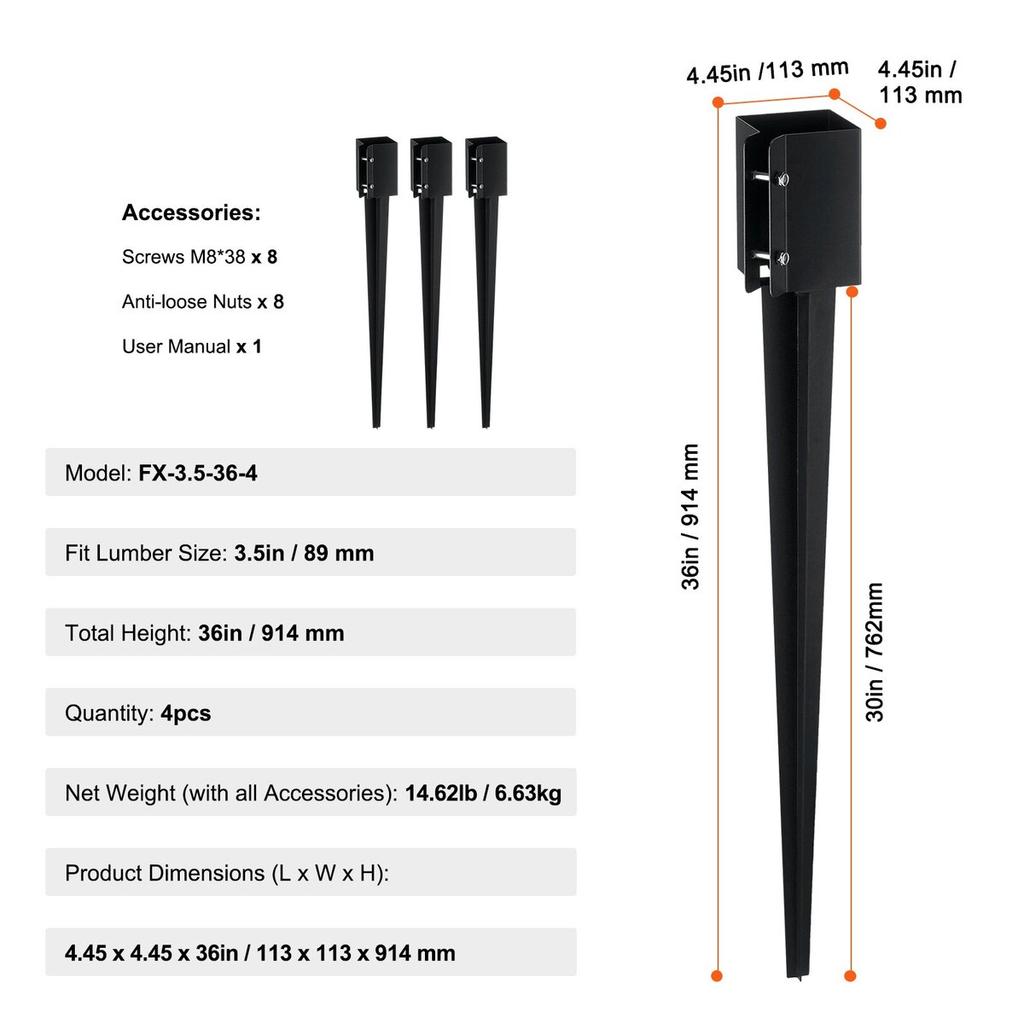 Fence Post Anchor Ground Spike, 4 Pack 36 X 4 X 4 Inches Outer Diameter (Inner Diameter 3.5 X3.5 Inches), Metal Black Powder Coated Post Stake Ground,