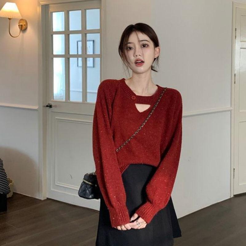 Přizpůsobený dutý design Pletený svetr s dlouhým rukávem Ženy Podzim/Zima Korejský krátký volný svetr Dámské topy