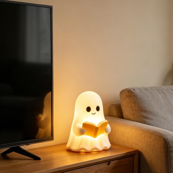 Yousheng Cute Ghost Reading Book Lamp, 3D Halloween Ghost Night Light, Warm Light Up Ghost Statue for Indoor Home Mantel Shelf Table Decor