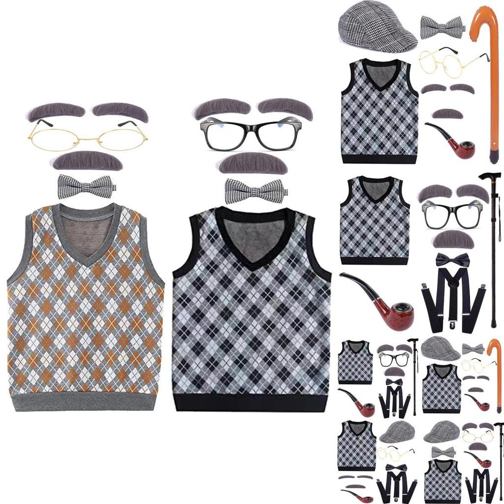 Halloween Costume Set For Kids Featuring Short Black Wig And Grandpa Beard Accessories