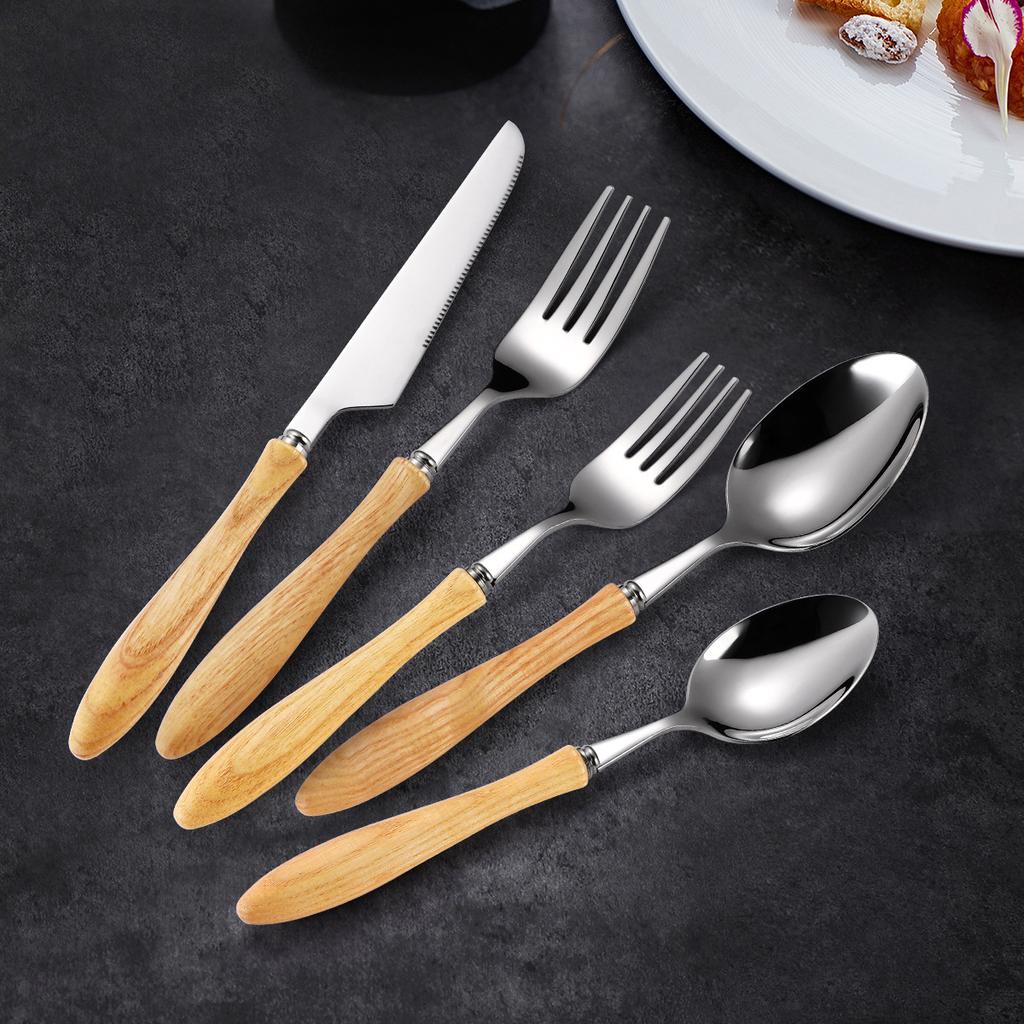 304 Stainless Steel Ash Wooden Handle Western Food Steak Knife Fork Spoon Retro Stainless Steel Tableware Four-piece Set