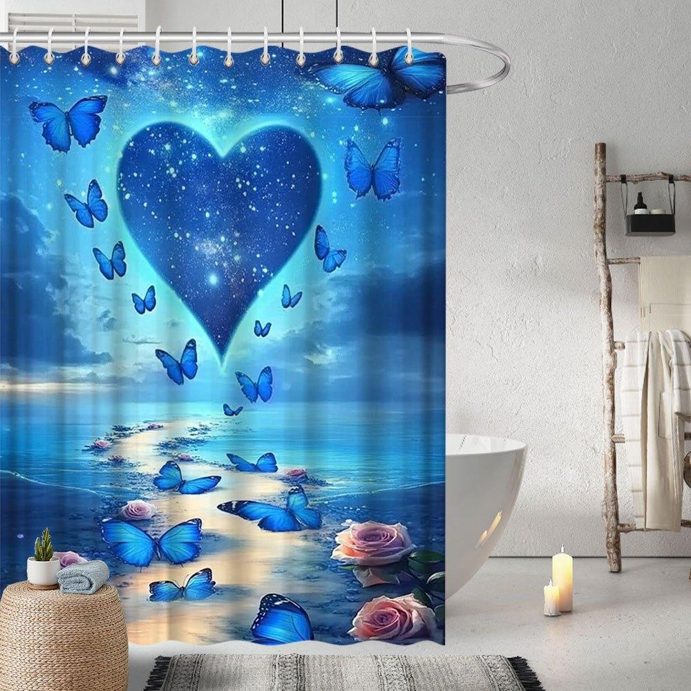 Beach Sunset Shower Curtain - Romantic Starry Night, Pink Roses, Blue Butterflies, Heart Constellation