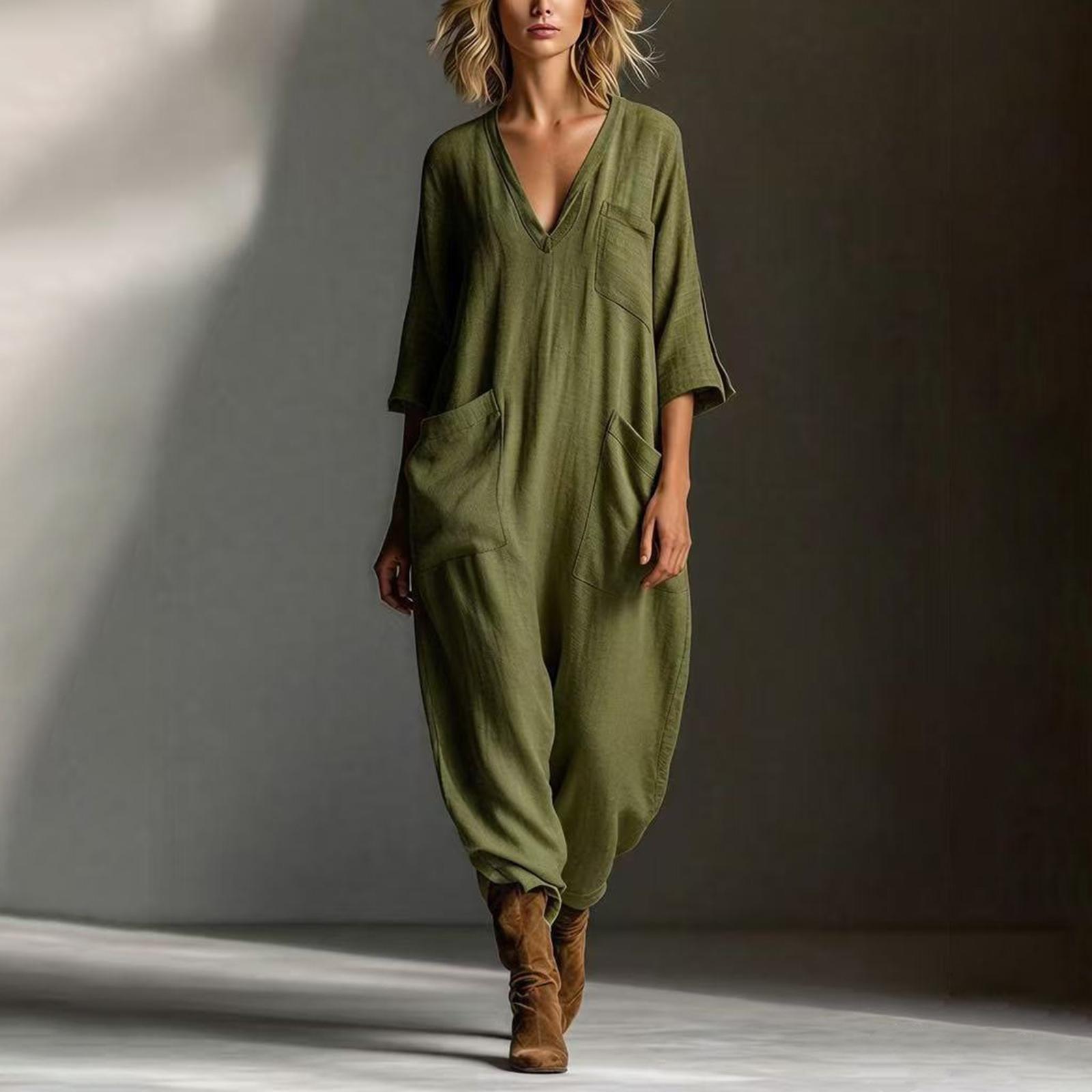 Women s Fashionable And Casual Buttoned V-neck Half Sleeve Pocket Jumpsuit L
