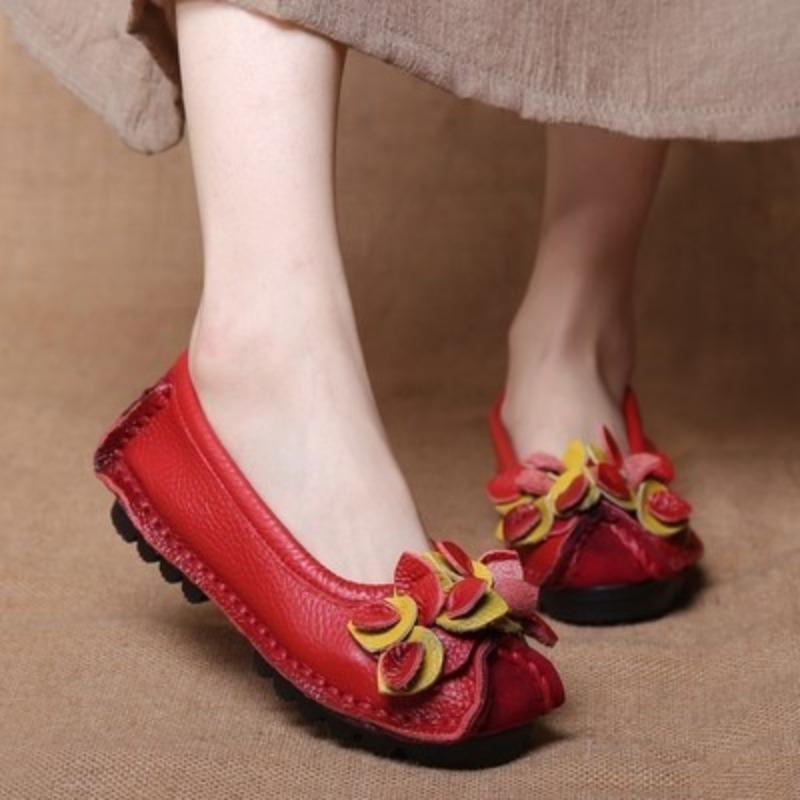 

Женские туфли из коровьей кожи, мягкая подошва, неглубокий вырез, плоский каблук, удобные туфли для мамы, одинарные туфли с цветком, круглый носок, средний каблук, туфли Doudou 41