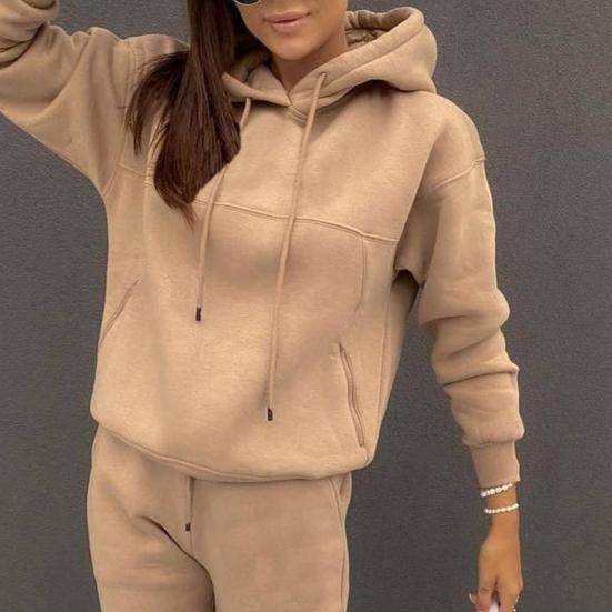 2 Teile/satz Langarm Kordelzug Taschen Elastische Bund Mid-rise Casual Outfit Frauen Frühling Einfarbig Mit Kapuze Sweatshirt Hosen