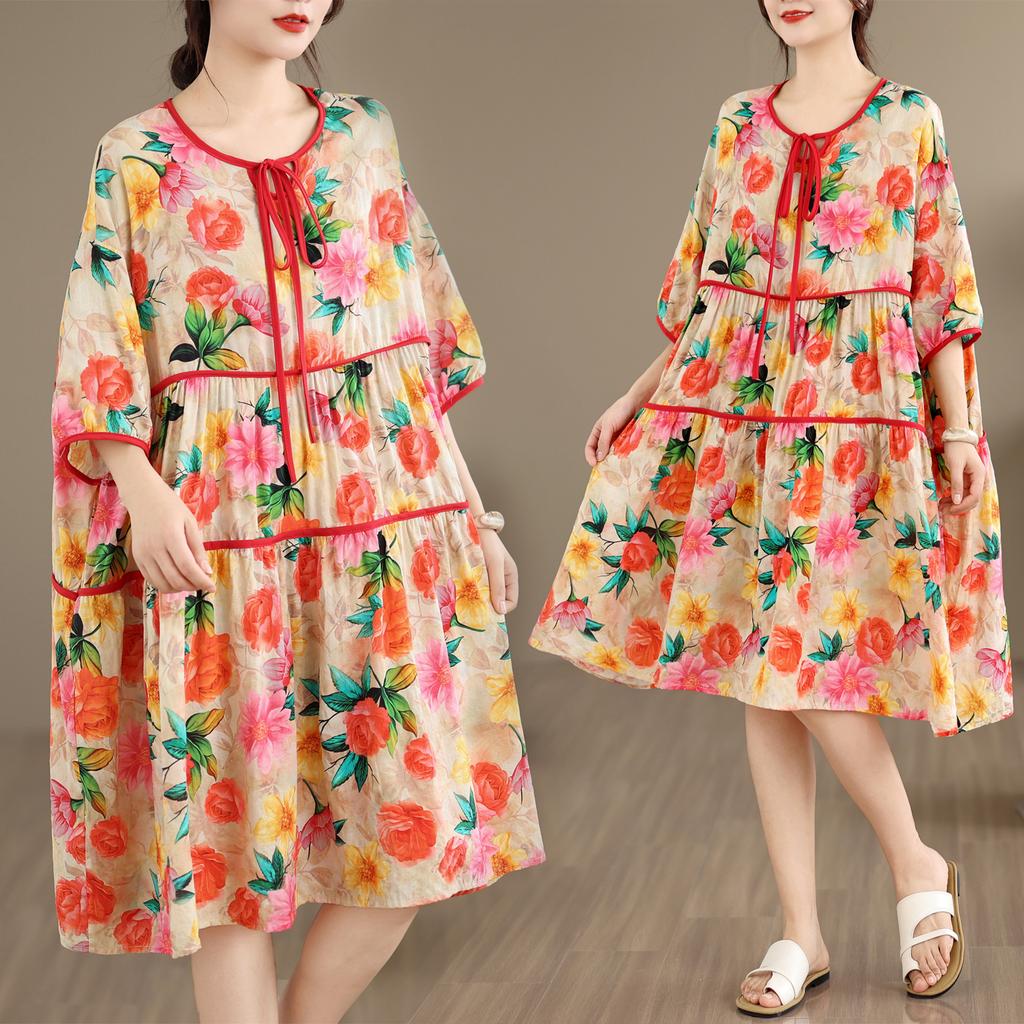 DIMANAF New 2026 Women Plus Size Summer Long Dress Sundress Loose Oversize Print Maxi Lady Floral Cotton Beach Dress