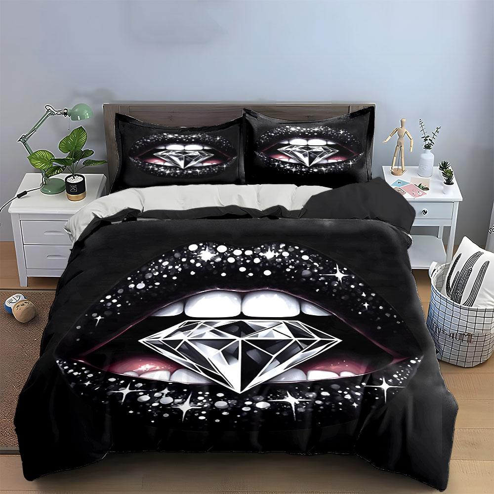 Diamond Glitter Lips Art Bedding Duvet Cover Set (1*Duvet Cover 2*Pillowcases, without duvet insert)